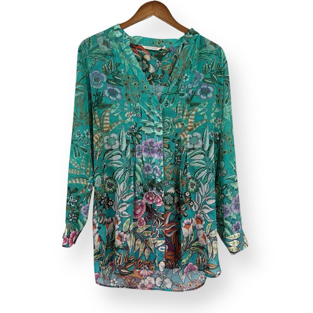 Soft Surroundings Luau Garden Blouse Womens S Green Floral Pintuck Sheer Chiffon